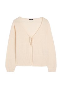 Kremowy sweter z dzianiny o głębokim dekolcie w kształcie V, z zapięciem na wiązanie oraz prążkowanymi mankietami i dołem. Miękka tekstura, luźny krój, bez wzorów ani akcentów.