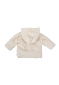 Chaqueta de pelo sintético en crema con capucha, que presenta mangas largas y una textura suave, vista desde la parte posterior. No hay cierres visibles.