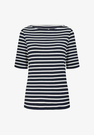 Majica s kratkim rukavima u tamnoplavoj i bijeloj prugastoj kombinaciji, rebraste teksture i širokog izreza na vratu. Ima horizontalne pruge različitih širina.