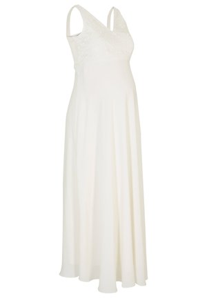 Abito da maternità bianco con scollo a V e busto decorato in pizzo. Presenta spalline regolabili e un tessuto fluido per comfort e facilità.