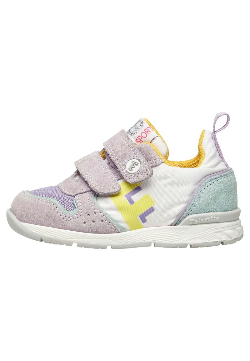 Sneaker multicolore con suede viola, tessuto bianco e dettagli gialli. Fascette in velcro e suola testurizzata progettata per il comfort.
