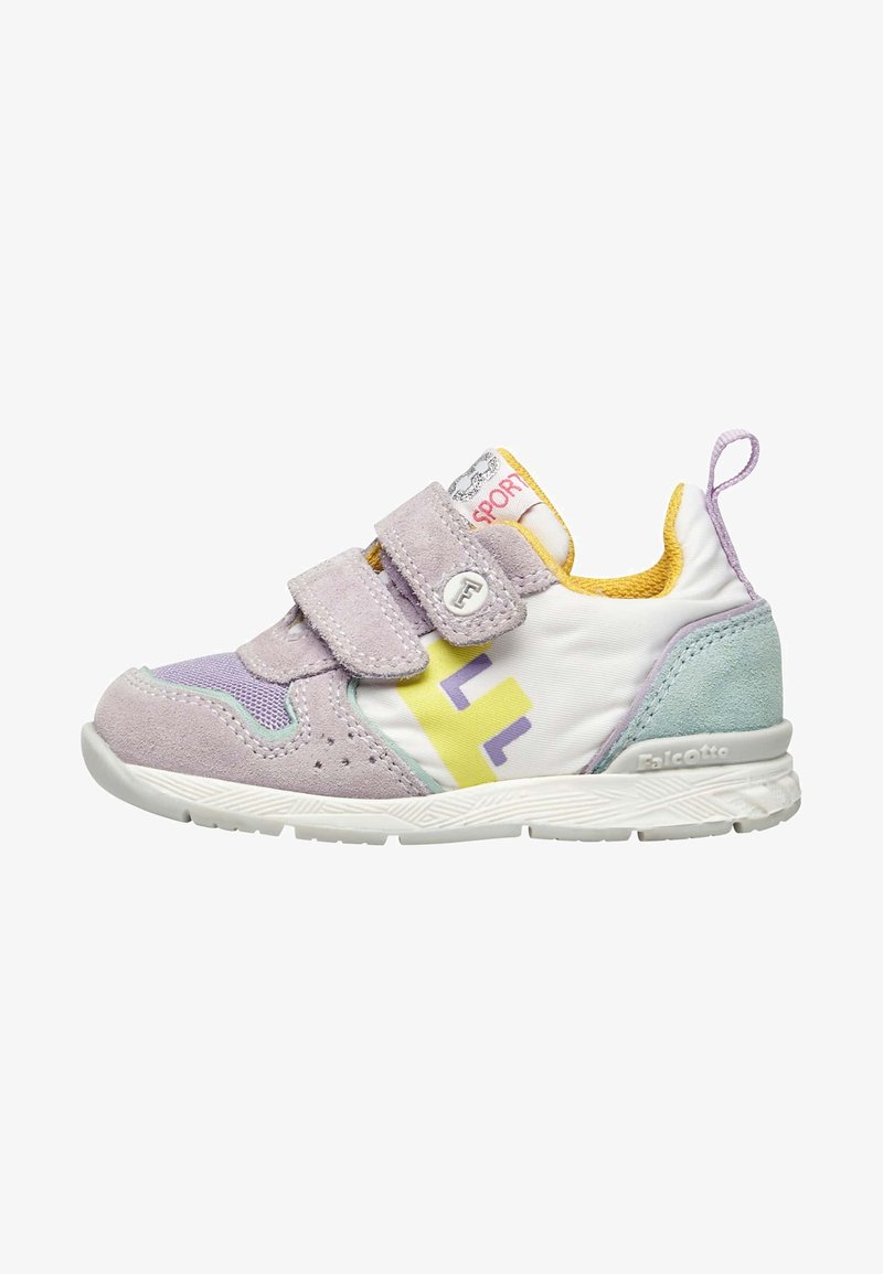 Sneaker multicolore con suede viola, tessuto bianco e dettagli gialli. Fascette in velcro e suola testurizzata progettata per il comfort.