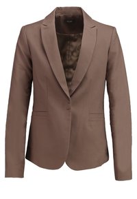 Hnědý saka na míru s hladkým povrchem, klopovým límcem, dvěma předními kapsami a saténovou podšívkou. Jednoduchý, strukturovaný design.