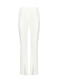 Pantaloni bianchi con gamba dritta, dotati di spacco laterale all'orlo e una vita elastica. Tessuto liscio con una leggera lucentezza.