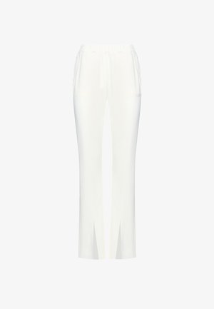 Pantaloni bianchi con gamba dritta, dotati di spacco laterale all'orlo e una vita elastica. Tessuto liscio con una leggera lucentezza.