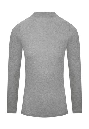 Chemise grise à manches longues avec un col, texture lisse et coupe ajustée, présentant un motif de tissu uniforme sur l'ensemble.