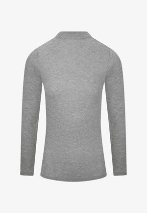 Grå langærmet skjorte med krave, glat tekstur og tætsiddende design, med et ensartet stofmønster i hele skjorten.