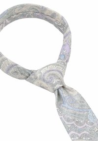 Seidenkrawatte mit Paisleymuster in Grau, Lavendel und Hellblau, mit glatter Textur und klassischem Knoten.