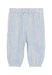 Gestreifte Kinderhosen in sanften Farben (blau, rosa, gelb) mit einem elastischen Bund, seitlichen Taschen und schmal zulaufenden Bündchen.