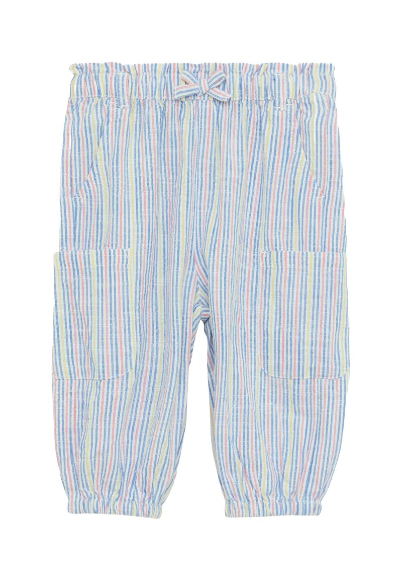 Pantalons rayés pour enfants dans des couleurs pastel (bleu, rose, jaune) avec une taille élastique, des poches latérales et des poignets fuselés.