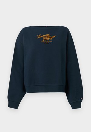 Sweat-shirt à col rond bleu marine avec texte orange « Tommy Hilfiger American Classics New York City » centré sur la poitrine et petit logo sur le poignet.