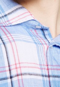 Blå rutig skjorta med en knäppt krage och röda samt svarta linjer mot en ljusblå bakgrund. Mjuk tygkänsla synlig.