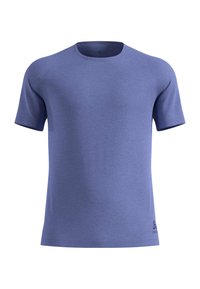 Short-sleeve, crew-neck t-shirt in light blue fabric. Soft texture with a smooth finish. Features a small logo at the lower hem.