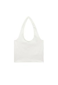 Witte minimalistische tote bag met een brede, ronde handgreep en een rechthoekig lichaam, weergegeven op een effen witte achtergrond.
