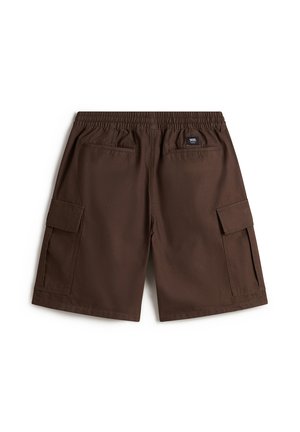 Dunkelbraune Cargoshorts mit elastischem Bund, zwei hinteren Paspeltaschen und großen seitlichen Klappentaschen, von hinten gezeigt.
