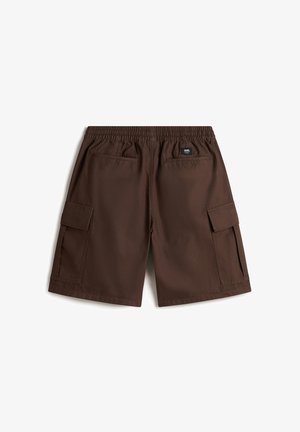 Dunkelbraune Cargoshorts mit elastischem Bund, zwei hinteren Paspeltaschen und großen seitlichen Klappentaschen, von hinten gezeigt.