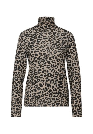 Béžový rolák s celoplošným černým leopardím vzorem, dlouhými rukávy a přiléhavým střihem.