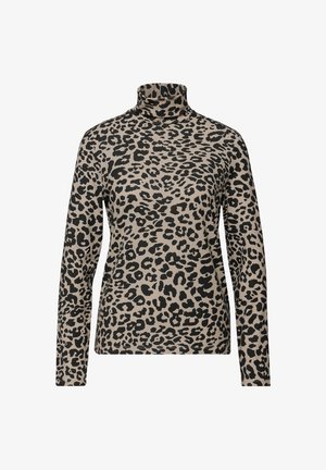 Pull à col roulé beige avec un motif léopard noir en all-over, manches longues et silhouette ajustée.