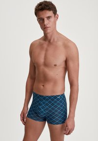 Boxers pour hommes à carreaux bleus, au design ajusté, fabriqués en tissu lisse, avec un logo sur la ceinture et une taille mi-haute confortable.