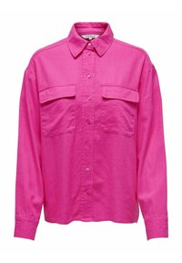 Fuchsia button-up shirt with a collar, long sleeves, and two front pockets. Made of a textured fabric, features a relaxed fit.