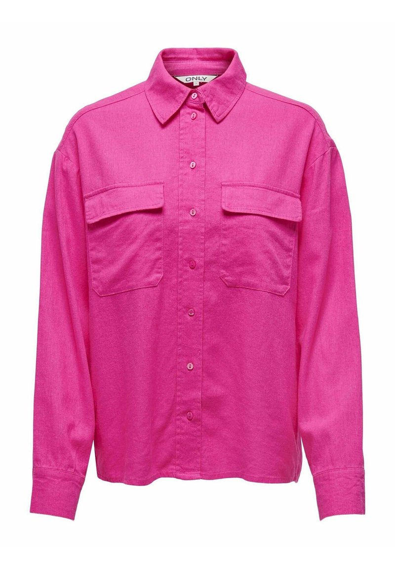 Fuchsia button-up shirt with a collar, long sleeves, and two front pockets. Made of a textured fabric, features a relaxed fit.