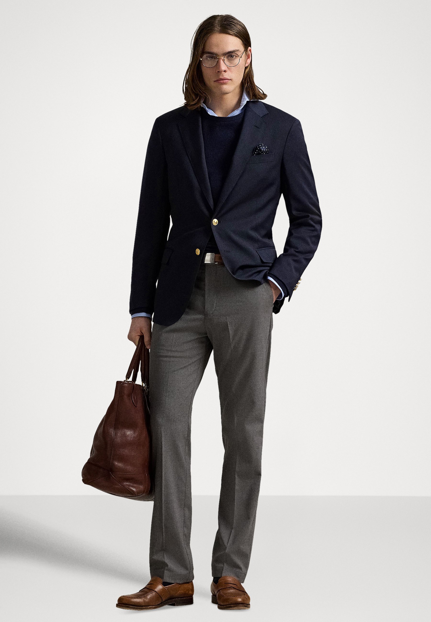 gray blazer navy pants brown shoes