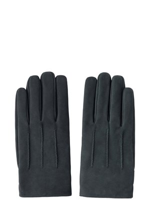 Ein Paar schwarze Lederhandschuhe mit drei erhöhten Nahtlinien auf der Rückseite jeder Hand, flach ausgelegt mit nach oben zeigenden Fingern.