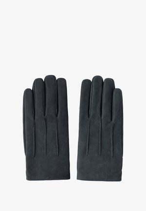 Een paar zwarte leren handschoenen met drie verhoogde stiksellijnen op de achterkant van elke hand, plat gelegd met de vingers omhoog wijzend.