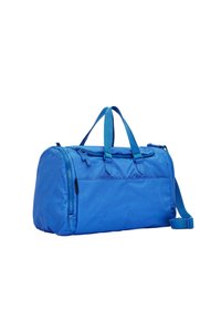 Sac de voyage bleu en tissu texturé, doté d'une fermeture éclair, de deux poignées supérieures et d'une sangle d'épaule ajustable. Design compact et fonctionnel.