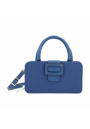 Blue leather handbag with a structured rectangular shape, double top handles, and a detachable shoulder strap. Features a rectangular buckle accent.