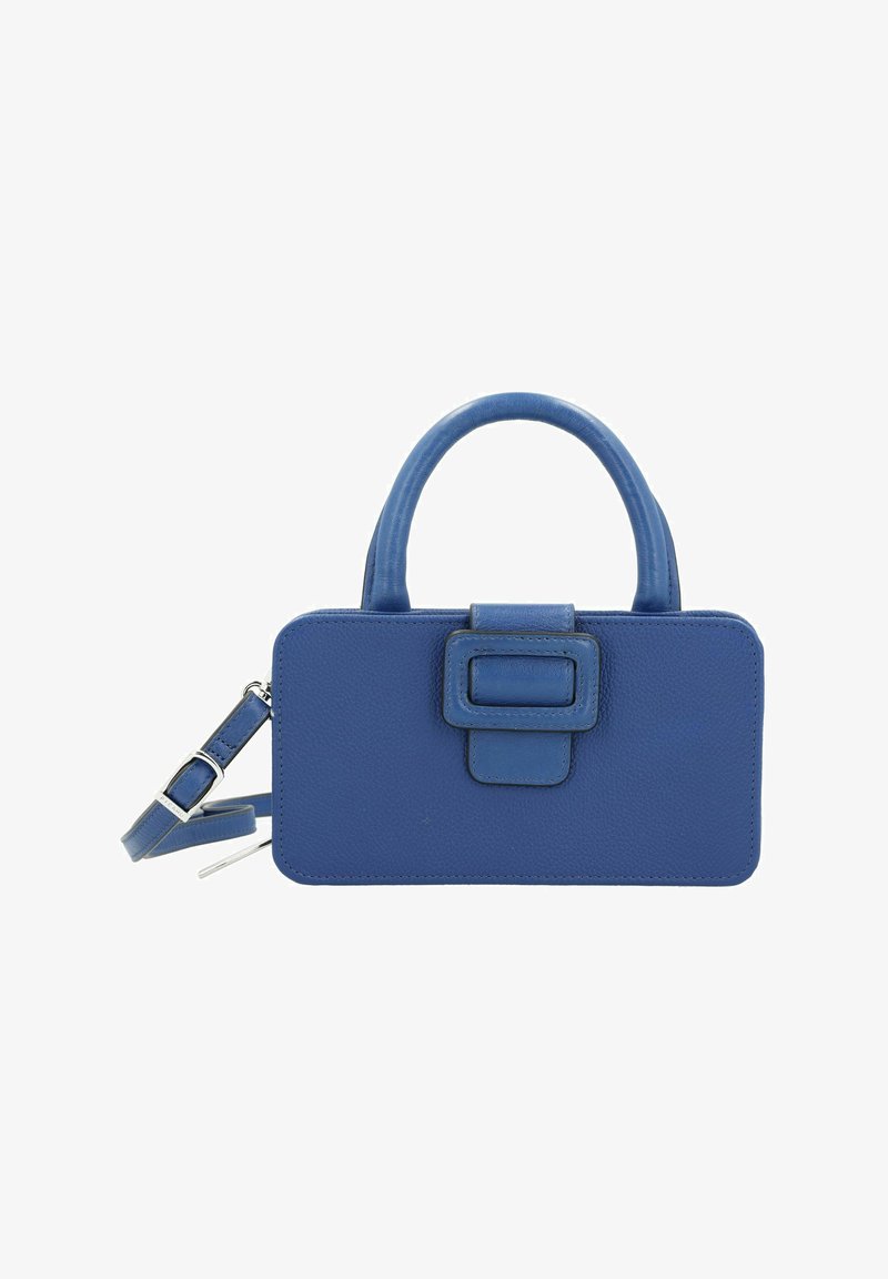 Blue leather handbag with a structured rectangular shape, double top handles, and a detachable shoulder strap. Features a rectangular buckle accent.