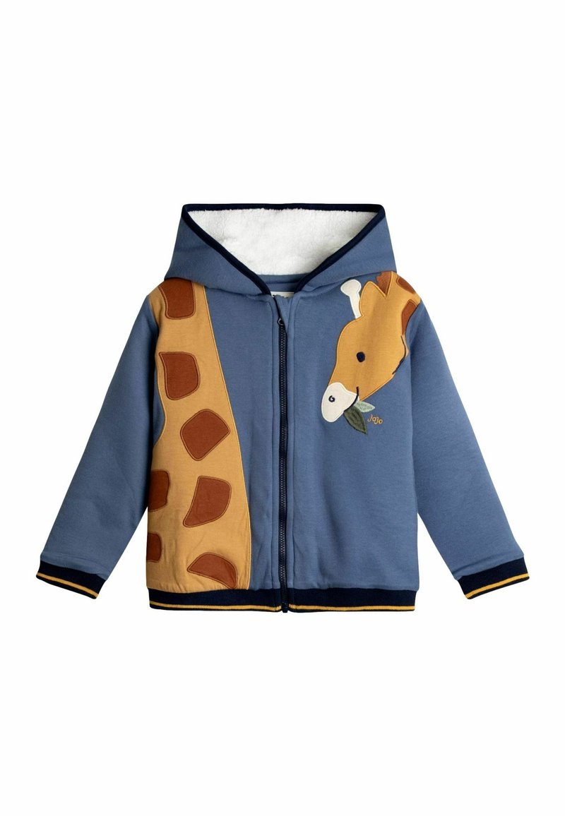 Hanorac cu fermoar pentru copii, de culoare albastră, cu un design cu girafă pe față, căptușit cu fleece la glugă și cu manșete și tiv din țesătură elastică.