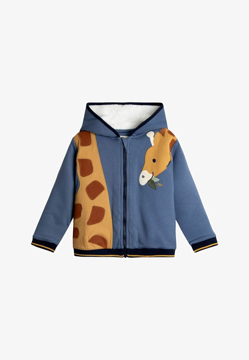 Hanorac cu fermoar pentru copii, de culoare albastră, cu un design cu girafă pe față, căptușit cu fleece la glugă și cu manșete și tiv din țesătură elastică.