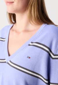 Pull en V en tissu lavande avec des rayures horizontales noires et blanches. Petite patch logo sur la poitrine gauche. Tricot doux et texturé.