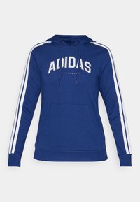 Felpa blu navy con strisce verticali bianche sulle maniche, tasca a marsupio frontale, cappuccio regolabile con cordino e logo "ADIDAS" in bianco.