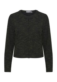 Długi rękaw, krótka kurtka wykonana z teksturowanej czarnej tkaniny z zielonymi drobinkami, z okrągłym dekoltem i zapięciem z przodu.