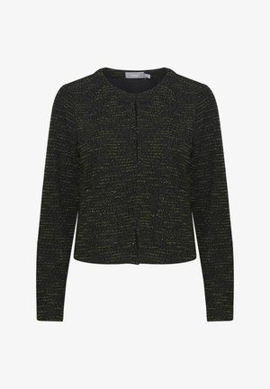 Langärmlige, cropped Jacke aus strukturiertem schwarzem Stoff mit grünen Sprenkeln, mit Rundhalsausschnitt und einer Frontöffnung.