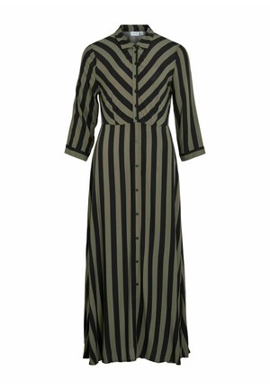 Garšs, ar apkakli tērps, kas iezīmējas ar vertikālām melnām un olīvu zaļām svītrām. Priekšā ir pogas un trīs ceturtdaļu piedurknes. Gluda auduma tekstūra.