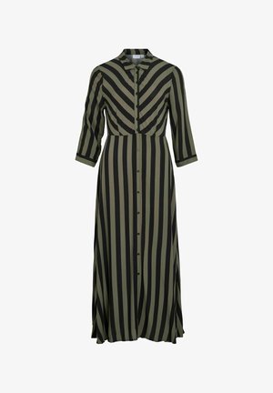 Duga haljina s ovratnikom koja ima vertikalne crne i maslinasto zelene pruge. Prednji gumbi i rukavi do tri četvrtine. Glatka tekstura tkanine.