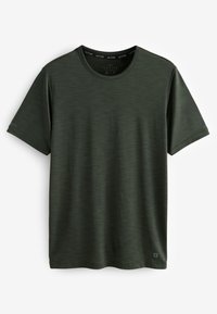 Short-sleeve, crew-neck T-shirt in dark green, made of lightweight fabric. Features a subtle striped texture and a small logo tag at the hem.