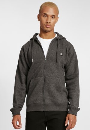 Gray zip-up hoodie with a kangaroo pocket, drawstring hood, ribbed cuffs, and a small logo on the chest. Cotton blend material.