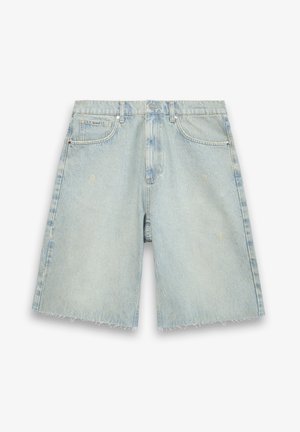 Light blue denim shorts featuring a frayed hem, standard pockets, and a relaxed fit with faded areas for a worn look. No visible logos.
