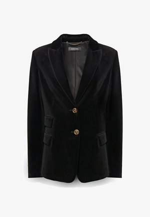 Czarna aksamitna marynarka z klapą z wycięciem, jednorzędowym zapięciem na trzy złote guziki. Posiada dwie przednie kieszenie oraz gładką, wewnętrzną podszewkę.
