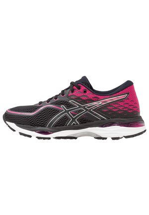 Black and pink running shoe with mesh upper, white sole, and logo on side, designed for athletic use.