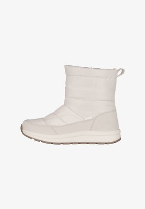 Light beige insulated winter boot with quilted upper, pull tab at back, and thick rubber sole with tread for traction.