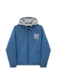 Blå letvægtsjakke med grå hætte, med knaplukning fortil, to sidelommer og et grafisk "VANS"-logo på venstre side.