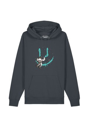 Dunkelgrauer Hoodie mit einer Grafik eines Astronauten, der ein großes türkisfarbenes Smiley-Gesicht auf der Vorderseite malt.