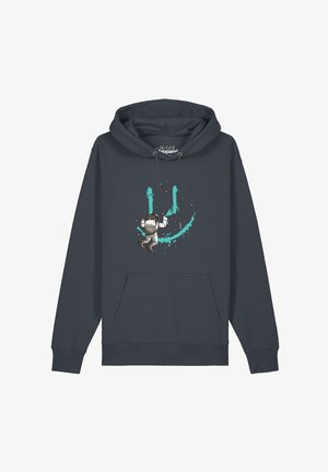 Dunkelgrauer Hoodie mit einer Grafik eines Astronauten, der ein großes türkisfarbenes Smiley-Gesicht auf der Vorderseite malt.