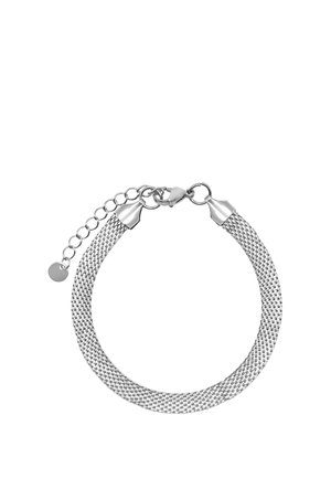 Silbernes Mesh-Armband mit Karabinerverschluss und verstellbarer Verlängerungskette auf weißem Hintergrund.