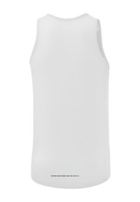 Canottiera atletica bianca senza maniche con una texture liscia, scollatura rotonda e accenti orizzontali minimalisti vicino all'orlo.